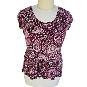 Faded Glory Women's XL Short Sleeve Blouse Burgundy Cottage Print Peplum Hem